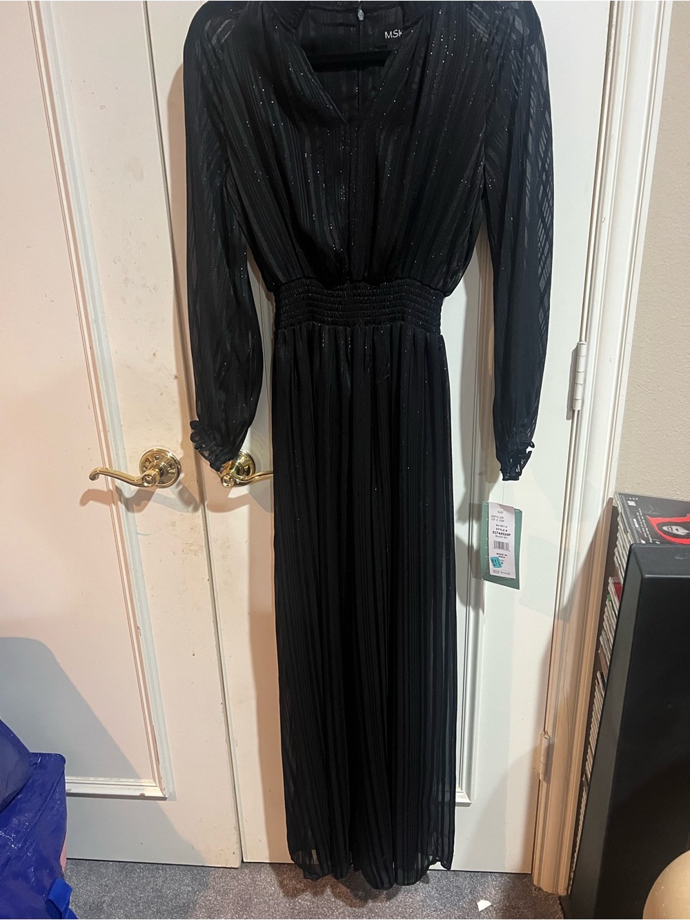 MSK Black Long-Sleeve Pleated Maxi Dress with Smocked Waist
